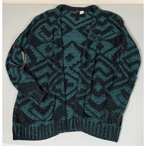 Teal Turquoise Geometric Arrow-Print Long Sleeve Knit Sweater Cardigan Size XS🖤
